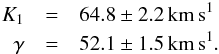 Mathematical equation: \begin{eqnarray*} K_1 & = & 64.8 \pm 2.2\,\mathrm{km\,s^{1}} \\ \gamma & = & 52.1 \pm 1.5\,\mathrm{km\,s^{1}}. \end{eqnarray*}