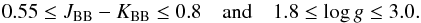 Mathematical equation: \begin{equation} 0.55 \leq \JBB-\KBB \leq 0.8 \quad \mathrm{and} \quad 1.8 \leq \log g \leq 3.0. \end{equation}