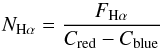Mathematical equation: \begin{equation} N_{{\rm H}\alpha} = \frac{F_{{\rm H}\alpha}}{C_{\rm red}-C_{\rm blue}} \end{equation}