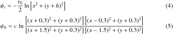 Mathematical equation: \begin{eqnarray} \vphantom{\int} && \psi_i = -\frac{r_0}{2} \ln \left[x^2 + (y+h)^2 \right]~~~~~~~~~~~~~~~~~~~~~~~~~~~~~~~~~~~~~~~~~~~~~~~~~~~~~~~~~~~~~~~~~~~~~ \label{eq:psi_i} \\[2pt] && \psi_b = c\,\ln \frac{\left[(x+0.3)^2 + (y+0.3)^2\right]\left[(x-0.3)^2 + (y+0.3)^2\right]} {\left[(x+1.5)^2 + (y+0.3)^2\right]\left[(x-1.5)^2 + (y+0.3)^2\right]} \label{eq:psi_b} \end{eqnarray}