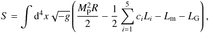 Mathematical equation: \begin{equation} \label{eq:action} S=\int {\rm d}^4x \sqrt{-g}\left( \frac{M_{\rm P}^2R}{2} - \frac{1}{2} \sum_{i=1}^{5} c_i L_i - L_{\rm m} - L_{\rm G}\right), \end{equation}