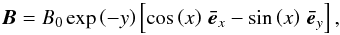 Mathematical equation: \begin{equation} \vec{B} = B_0 \exp \left(-y \right) \left[ \cos \left( x \right) \, \vec{ \bar{e}}_{x} - \sin \left( x \right) \, \vec{ \bar{e}}_{y} \right], \label{field} \end{equation}