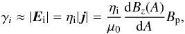 Mathematical equation: \begin{equation} \gamma_{i}\approx |\vec E_{\rm i}| = \eta_{\rm i} |\vec j| = \frac{\eta_{\rm i}}{\mu_{0}} \frac{\mathrm{d}B_{z}(A)}{\mathrm{d}A} B_{\rm p},\label{gammai} \end{equation}