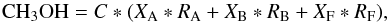 Mathematical equation: \begin{equation} {\rm CH_3OH} = C*(X_{\rm A}*R_{\rm A} + X_{\rm B}*R_{\rm B}+X_{\rm F}*R_{\rm F}), \end{equation}