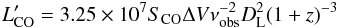 Mathematical equation: \begin{eqnarray} L'_{\rm CO} = 3.25 \times 10^7 S_{\rm CO} \Delta V \nu_{\rm obs}^{-2} D^2_{\rm L} (1+z)^{-3} \end{eqnarray}