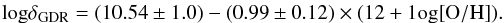 Mathematical equation: \begin{eqnarray} {\rm log}\delta_{\rm GDR} =(10.54\pm1.0)-(0.99\pm0.12)\times({\rm 12+1og[O/H]}). \end{eqnarray}