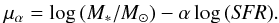 Mathematical equation: \begin{eqnarray} \mu _{\alpha} = \log\,(M_*/M_{\odot}) - \alpha \log\,({\it SFR}). \label{eq:fmr} \end{eqnarray}