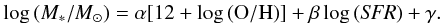 Mathematical equation: \begin{eqnarray} \log\,(M_* / M_\odot) = \alpha [12+\log\,({\rm O/H})] + \beta \log\,({\it SFR}) + \gamma . \label{eq:fmr_ll} \end{eqnarray}
