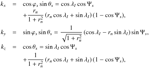 Mathematical equation: \begin{eqnarray} \label{eq_wave_vector} k_x &=& \cos \varphi_s \sin \theta_s = \cos \lambda_I \cos \Psi_s \\ \nonumber & & +\frac{r_n}{1+r_n^2} \left( r_n \cos \lambda_I + \sin \lambda_I \right)(1-\cos \Psi_s), \\ \nonumber k_y &=& \sin \varphi_s \sin \theta_s = \frac{1}{\sqrt{1+ r_n^2}} \left( \cos \lambda_I - r_n \sin \lambda_I \right) \sin \Psi_s, \\ \nonumber k_z &=& \cos \theta_s = \sin \lambda_I \cos \Psi_s \\ \nonumber & &+ \frac{1}{1+r_n^2} \left( r_n \cos \lambda_I + \sin \lambda_I \right)(1-\cos \Psi_s), \end{eqnarray}
