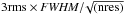 Mathematical equation: \hbox{$3{\rm rms}\times {\it FWHM}/\!\sqrt{\rm(nres)}$}