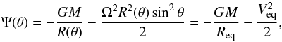 Mathematical equation: \begin{equation} \Psi (\theta) =-\frac{GM}{ R(\theta)}-\frac{\Omega^{2} R^{2}(\theta) \sin ^{2}\theta }{2}= -\frac{GM}{R_\mathrm{eq}}-\frac{V_\mathrm{eq}^2}{2} , \label{eq:equipotroche} \end{equation}