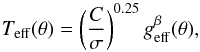 Mathematical equation: \begin{equation} \label{gravity_darkening} T_\mathrm{eff}(\theta)=\left (\frac{C}{\sigma} \right )^{0.25} g_\mathrm{eff}^{\beta}(\theta) , \end{equation}