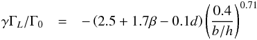 Mathematical equation: \begin{eqnarray} \gamma \Gamma_L/\Gamma_0 &=& - \left(2.5 +1.7\beta -0.1d\right) \left(\frac{0.4}{b/h}\right)^{0.71}\label{eq:lindblad-torque} \end{eqnarray}