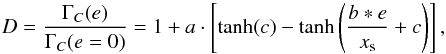 Mathematical equation: \begin{equation} D = \frac{\Gamma_C(e)}{\Gamma_C (e=0)} = 1 + a \cdot \left[\tanh(c) - \tanh\left(\frac{b * e}{x_{\rm s}}+c\right)\right],\label{eq:eccentricity-influence} \end{equation}