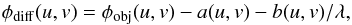 Mathematical equation: \begin{equation} \phidiff(u,v)=\phi_{\rm obj}(u,v)-a(u,v)-b(u,v)/\lambda,\label{eq8} \end{equation}