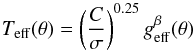 Mathematical equation: \begin{equation} \label{gravity_darkening} T_\mathrm{eff}(\theta)=\left (\frac{C}{\sigma} \right )^{0.25} g_\mathrm{eff}^{\beta}(\theta) \end{equation}