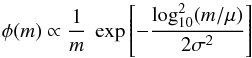 Mathematical equation: \begin{equation} \phi(m) \propto \frac{1}{m} \ \exp\left[-\frac{\log_{10}^2 (m/\mu)}{2\sigma^2} \right] \label{eq:03} \end{equation}
