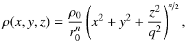 Mathematical equation: \begin{equation} \rho(x,y,z) = \frac{\rho_0}{r_0^n}\left(x^2 + y^2 + \frac{z^2}{q^2}\right)^{\nicefrac{n}{2}}, \label{eq.1} \end{equation}