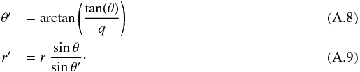 Mathematical equation: \appendix \setcounter{section}{1} \begin{eqnarray} &\theta' &= \arctan\left(\frac{\tan(\theta)}{q}\right) \label{theta1}\\ &r' &= r \ \frac{\sin \theta}{\sin \theta'}\cdot \label{r1} \end{eqnarray}