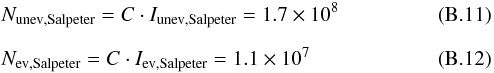 Mathematical equation: \appendix \setcounter{section}{2} \begin{eqnarray} &&N_\mathrm{unev, Salpeter} = C \cdot I_\mathrm{unev, Salpeter} = 1.7 \times 10^ 8 \\[2mm] &&N_\mathrm{ev, Salpeter} = C \cdot I_\mathrm{ev, Salpeter} = 1.1 \times 10^ 7 \end{eqnarray}