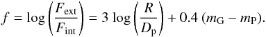 Mathematical equation: \begin{eqnarray} f = \mbox{log}\left( \frac{F_{\mathrm{ext}}}{F_{\mathrm{int}}}\right) = 3~\mbox{log} \left(\frac{R}{D_{\mathrm{p}}}\right) + 0.4~(m_{\mathrm{G}} - m_{\mathrm{P}}). \end{eqnarray}