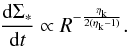 Mathematical equation: \appendix \setcounter{section}{1} \begin{eqnarray} \label{sigmastarin2} \frac{{\rm d}\Sigma_*}{{\rm d}t} \propto R^{-\frac{\eta_{\rm k}}{2(\eta_{\rm k}-1)}}. \end{eqnarray}