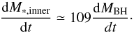 Mathematical equation: \appendix \setcounter{section}{1} \begin{equation} \dfrac{{\rm d}M_ {*,{\rm inner}}}{{\rm d}t} \simeq 109 \dfrac{{\rm d}M_ {\rm BH}}{dt} \cdot \end{equation}