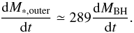 Mathematical equation: \appendix \setcounter{section}{1} \begin{equation} \dfrac{{\rm d}M_ {*,{\rm outer}}}{{\rm d}t} \simeq 289 \dfrac{{\rm d}M_ {\rm BH}}{{\rm d}t}. \end{equation}
