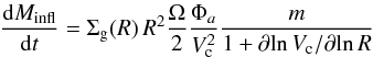 Mathematical equation: \begin{eqnarray} \label{massinflow} \frac{{\rm d}M_ {\rm infl} }{{\rm d}t} = \Sigma_{\rm g}(R)\,R^2 {\Omega\over 2} \frac{\Phi_a}{V_{\rm c} ^2} \frac{m}{1+ \partial\!\ln V_{\rm c} / \partial\! \ln R} \end{eqnarray}
