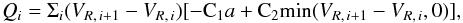 Mathematical equation: \begin{eqnarray} \label{artivis} Q_i=\Sigma_i(V_{R,\,i+1}-V_{R,\,i})[-{\rm C}_1a+{\rm C}_2{\rm min}(V_{R,\,i+1}-V_{R,\,i},0)], \end{eqnarray}