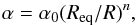 Mathematical equation: \begin{eqnarray} \label{alpvis} \alpha=\alpha_0(R_{\mathrm{eq}}/R)^n, \end{eqnarray}