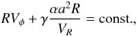 Mathematical equation: \begin{eqnarray} \label{angestim3} RV_{\phi}+\gamma\frac{\alpha a^2R}{V_R}={\rm const.}, \end{eqnarray}