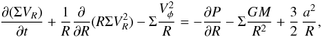 Mathematical equation: \begin{eqnarray} \label{genmom} \frac{\partial(\Sigma V_R)}{\partial t}+\frac{1}{R}\frac{\partial}{\partial R}(R\Sigma V_R^2) -\Sigma\frac{V_{\phi}^2}{R}=-\frac{\partial P}{\partial R}-\Sigma\frac{GM}{R^2}+\frac{3}{2}\,\frac{a^2}{R}, \end{eqnarray}