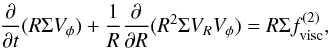 Mathematical equation: \begin{eqnarray} \label{genang} \frac{\partial}{\partial t}(R\Sigma V_{\phi})+\frac{1}{R}\frac{\partial}{\partial R}(R^2\Sigma V_RV_{\phi})= R\Sigma f_{\rm visc}^{(2)}, \end{eqnarray}