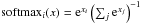 Mathematical equation: \hbox{$\text{softmax}_i(x) = {\rm e}^{x_i}\left(\sum_j {\rm e}^{x_j}\right)^{-1}$}