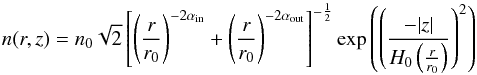 Mathematical equation: \begin{equation} \label{eq:model_grater} n(r,z) = n_0 \sqrt{2}\left[\left(\frac{r}{r_0}\right)^{-2\alpha_{\rm in}} + \left(\frac{r}{r_0}\right)^{-2\alpha_{\rm out}}\right]^{-\frac{1}{2}} \exp{\left(\left(\frac{-|z|}{H_0\left(\frac{r}{r_0}\right)}\right)^{2}\right)} \end{equation}