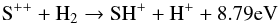 Mathematical equation: \begin{equation} \rm S^{++} + H_2 \rightarrow SH^+ + H^+ + 8.79~eV \end{equation}