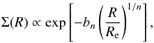 \begin{equation} \Sigma(R)\propto \exp \left [-b_n \left(\frac{R}{R_{\rm e}}\right )^{1/n}\right ], \label{eqn:sersiceq} \end{equation}