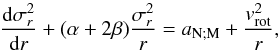 \begin{equation} {{\rm d}\sigma_r^2 \over {\rm d}r} + (\alpha+2\beta){\sigma_r^2 \over r} = a_{\rm N;M} + {v_{{\rm rot}}^2\over r}, \label{eqn:Jeans1} \end{equation}