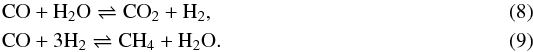\begin{eqnarray} \label{eq1} &&\rm CO + H_2O \rightleftharpoons CO_2 + H_2, \\ \label{eq2} &&\rm CO + 3 H_2 \rightleftharpoons CH_4 + H_2O. \end{eqnarray}