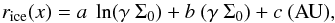 \begin{equation} r_{\rm ice}(x)=a~\ln(\gamma~\Sigma_0) + b~(\gamma~\Sigma_0) + c ~ \rm (AU), \label{eq:fit_ice_line_irradiated2} \end{equation}