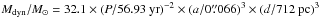 \hbox{$M_\mathrm{dyn}/M_\odot=32.1\times(P/\mathrm{56.93~yr})^{-2}\times(a/0\farcs066)^3\times(d/712~\mathrm{pc})^3$}