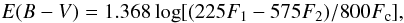 $$ E(B-V)=1.368 \log[(225F_{1}-575F_{2})/800F_{\rm c}], $$