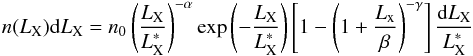 \begin{equation} {n(L_{\rm X}) {\rm d}L_{\rm X}} = n_0 \left( {L_{\rm X} \over L_{\rm X}^{\ast}}\right)^{-\alpha} \exp\left(- {L_{\rm X} \over L_{\rm X}^{\ast}}\right) \left[1 -\left(1+{L_{\rm x}\over\beta}\right)^{-\gamma} \right] {{\rm d}L_{\rm X} \over L_{\rm X}^{\ast}} \end{equation}