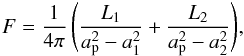 \appendix \setcounter{section}{1} \begin{equation} \label{eq:flux4} F=\frac{1}{4\pi}\, \Bigg(\frac{L_{\rm 1}}{a_{\rm p}^2-a_1^2}+\frac{L_{\rm 2}}{a_{\rm p}^2-a_2^2}\Bigg), \end{equation}
