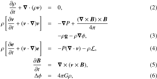 \begin{eqnarray} \frac{\partial \rho}{\partial t} + \bb{\nabla} \cdot (\rho \bb{v}) &=& 0, \\ \rho \left[\frac{\partial \bb{v}}{\partial t} + (\bb{v} \cdot \bb{\nabla}) \bb{v} \right] &=& -\bb{\nabla} P + \frac{(\bb{\nabla} \times \bb{B}) \times \bb{B}}{4\pi} \nonumber \\ && - \rho {\bf g} - \rho \bb{\nabla} \phi, \label{impulsion_eq}\\ \rho \left[\frac{\partial \bb{e}}{\partial t} + (\bb{v} \cdot \bb{\nabla}) \bb{e} \right] &=& - P (\bb{\nabla} \cdot \bb{v}) - \rho {\cal L}, \label{internal_nrj_eq} \\ \frac{\partial \bb{B}}{\partial t} &=& \bb{\nabla} \times (\bb{v} \times \bb{B}), \label{induction_eq} \\ \Delta \phi &=& 4 \pi G \rho, \label{poisson} \end{eqnarray}