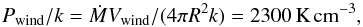 \begin{equation} \Pwind/k = \Mrate \Vwind / (4 \pi R^2 k) = 2300\Kpccm , \label{eq.pwind} \end{equation}