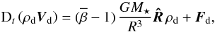 \appendix \setcounter{section}{2} \begin{equation} {\rm D}_{t} \paren{\rhodust\boldsymbol{V}_\emr{d}} = (\overline\beta-1)\,\frac{G\Mstar}{R^{3}}\boldsymbol{\hat{R}}\,\rhodust + \Fdrag, \end{equation}