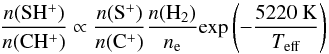 \begin{equation} \frac{n(\SHp)}{n(\CHp)} \propto \frac{n(\Sp)}{n(\Cp)} \frac{n(\HH)}{n_{\rm e}} {\rm exp} \left( -\frac{5220~{\rm K}}{T_{\rm eff}} \right) \end{equation}
