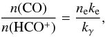 \begin{eqnarray} \label{Eq-CO-HCOp} \frac{n({\rm CO})}{n(\HCOp)} = \frac{n_{\rm e} k_{\rm e}}{k_\gamma}, \end{eqnarray}